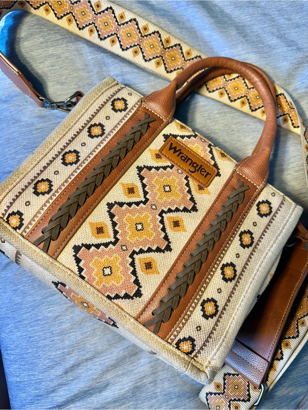 Wrangler Aztec Canvas Crossbody Top Handle WesternPurse Zip Top Detachable Strap - Picture 10 of 14